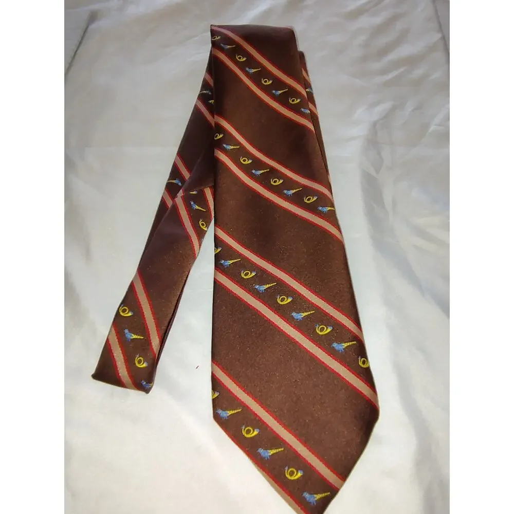 Vintage Rooster Ruffler Brown Polyester Necktie Horns And Pheasants Hunting
